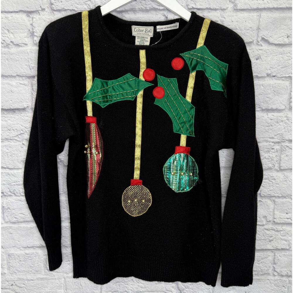 Vintage Colter Bay Womens Christmas Sweater Size M Ornaments Holly Black Wool